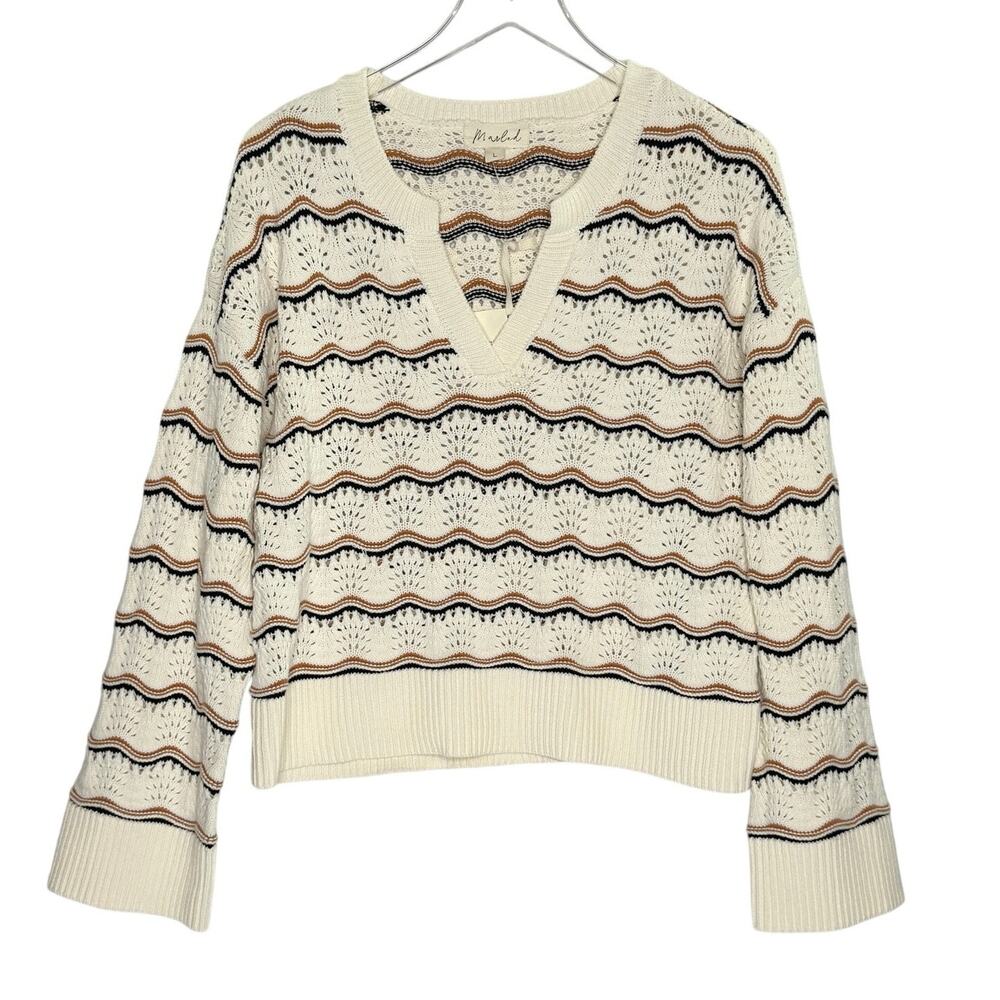 Marled Ivory Brown Wave Striped Open Knit V Neck Sweater L NEW Neutral Chic